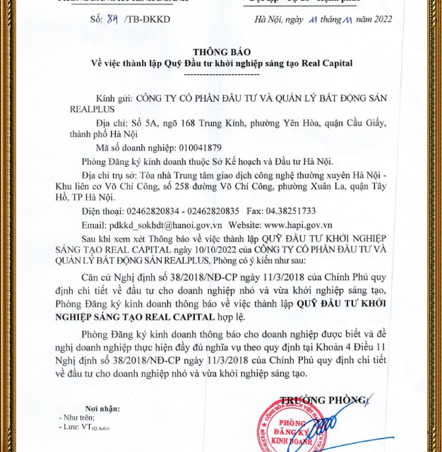 QUỸ ĐẦU TƯ KHỞI NGHIỆP SÁNG TẠO REAL CAPITAL CHÍNH THỨC ĐƯỢC THÀNH LẬP