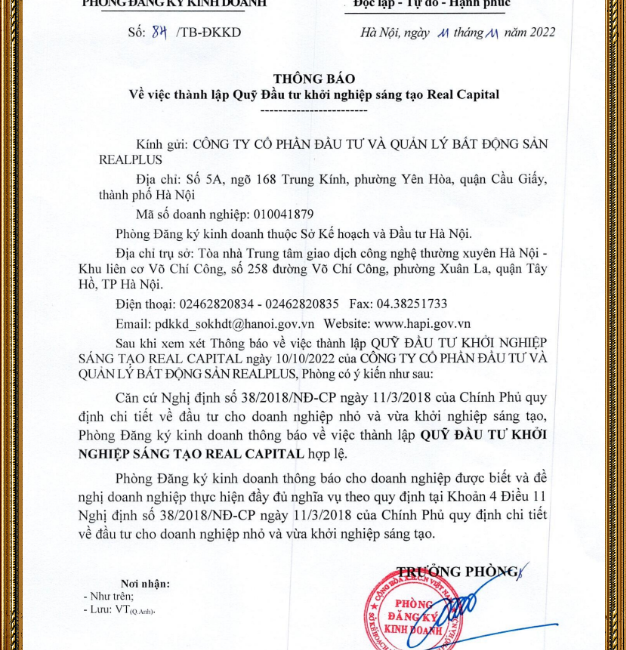 QUỸ ĐẦU TƯ KHỞI NGHIỆP SÁNG TẠO REAL CAPITAL CHÍNH THỨC ĐƯỢC THÀNH LẬP